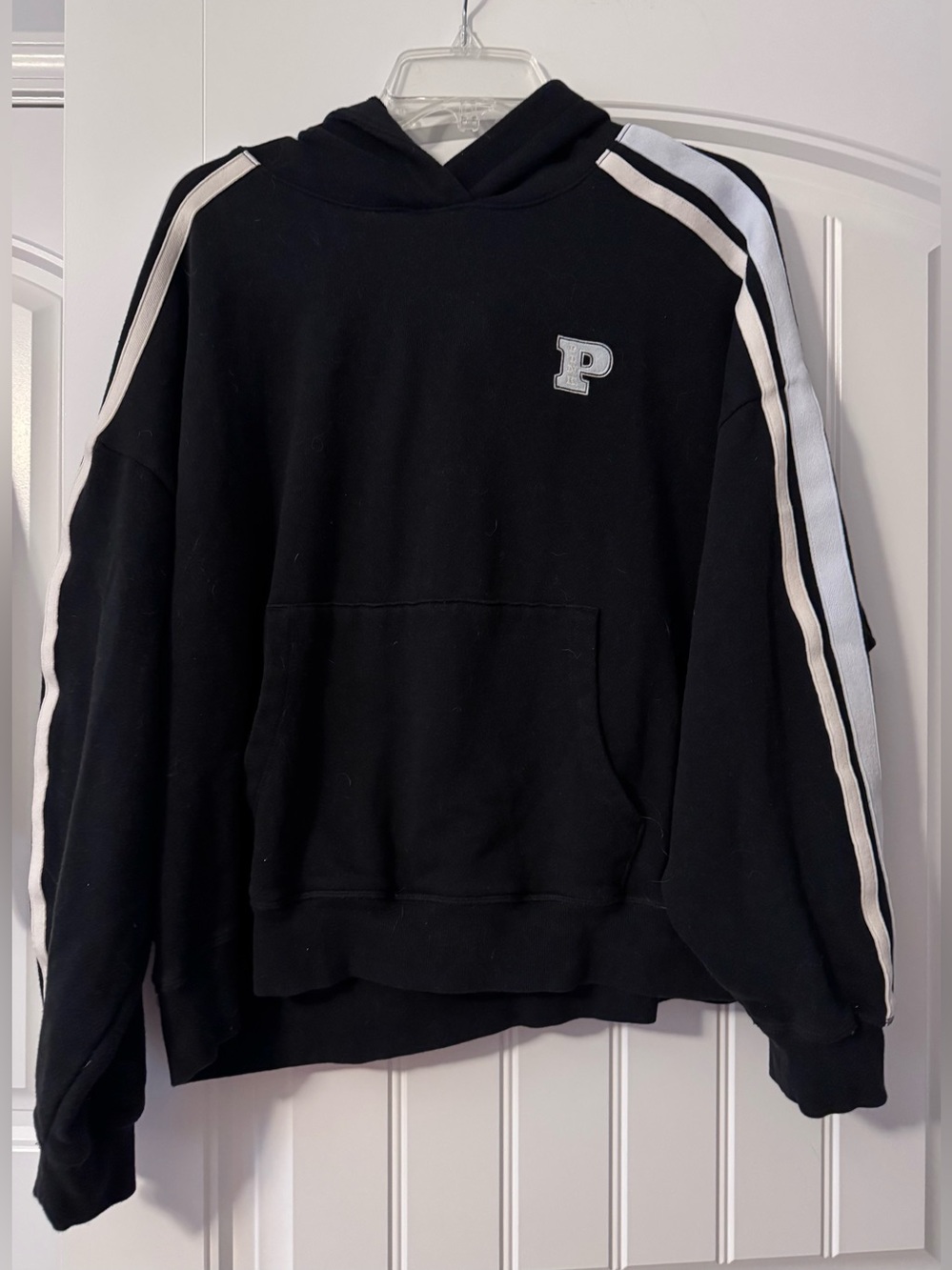PINK Navy Hoodie With White And Blue Stripe Detail On Sleeve